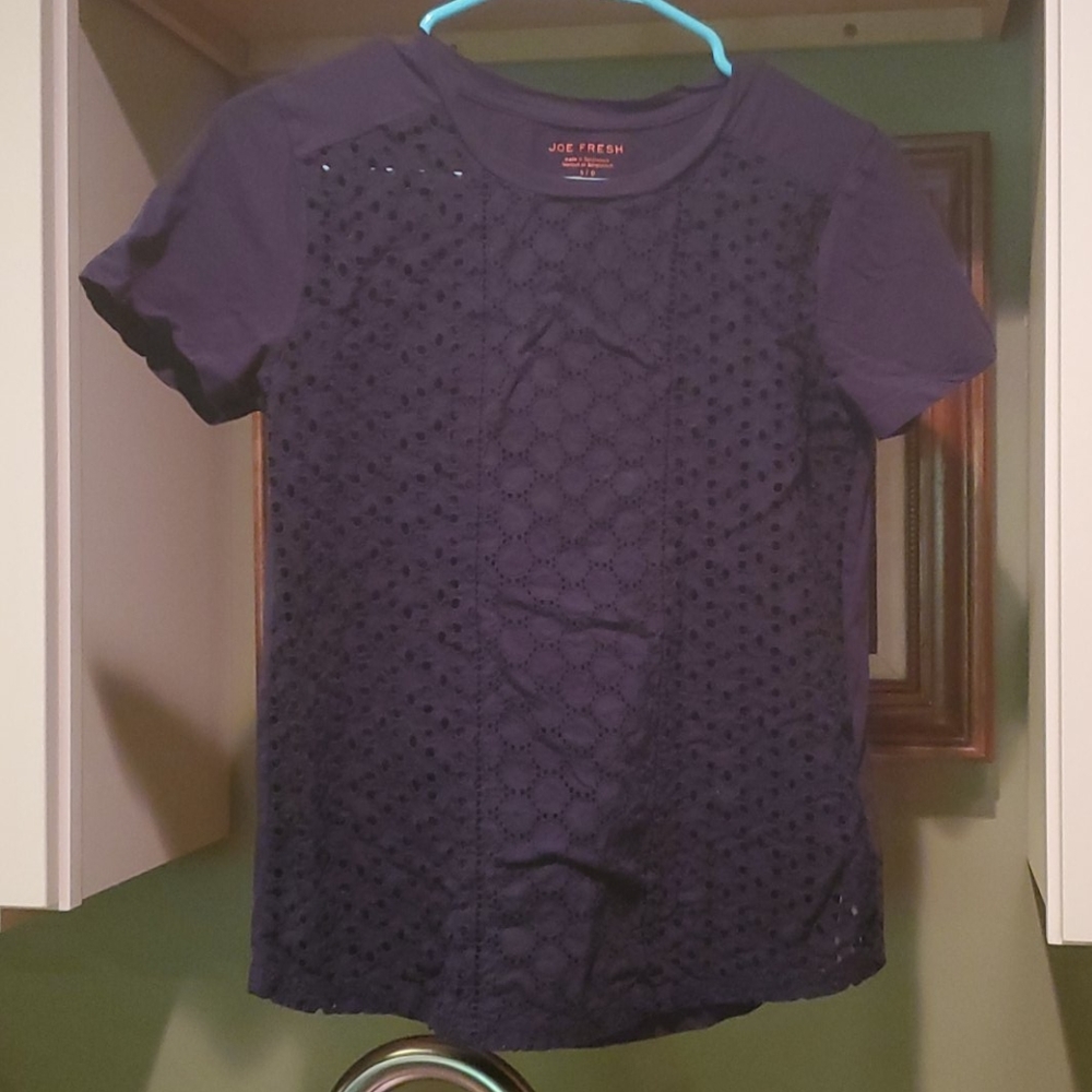 Navy t-shirt w/ fun cutouts on front & solid back